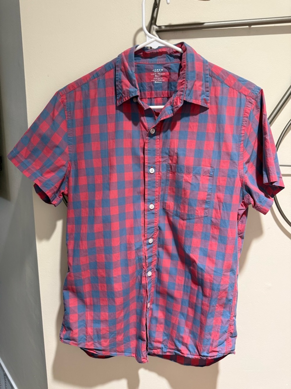 J. Crew Men’s Short-Sleeve Red & Blue Check Shirt Size S 100% Cotton